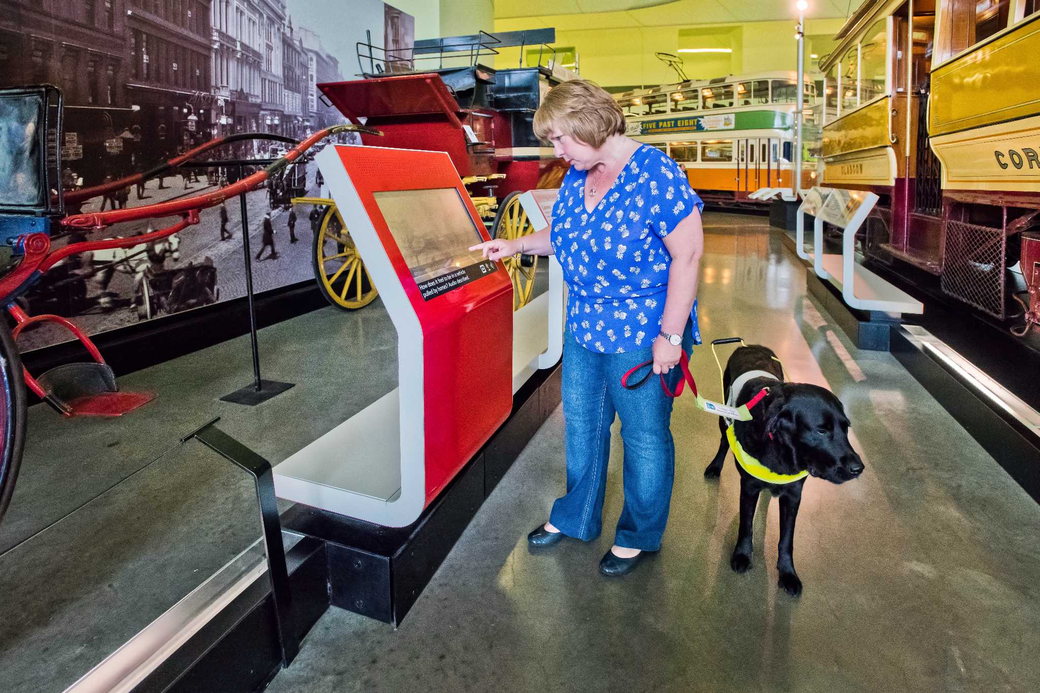 A lady with an assistance dog is using a touch screen display by an exhibit